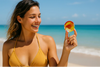 Woman wearing a bikini at the beach showing her menstrual disc