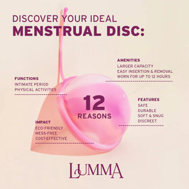 Advertisement for a menstrual disc with features and benefits listed, branded as Lumma.