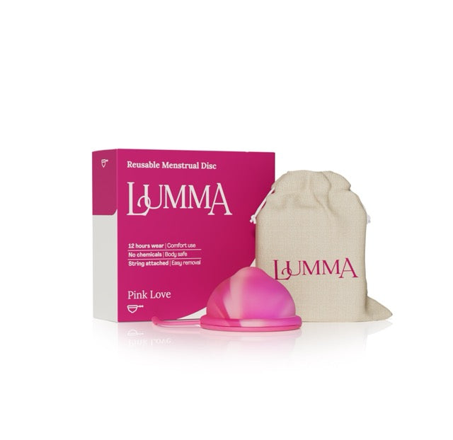 Lumma reusable menstrual disc with packaging and drawstring bag on a white background