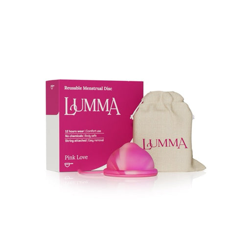 Lumma reusable menstrual disc with packaging and drawstring bag on a white background