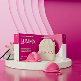 Lumma reusable menstrual disc in the pink love color with packaging and pouch