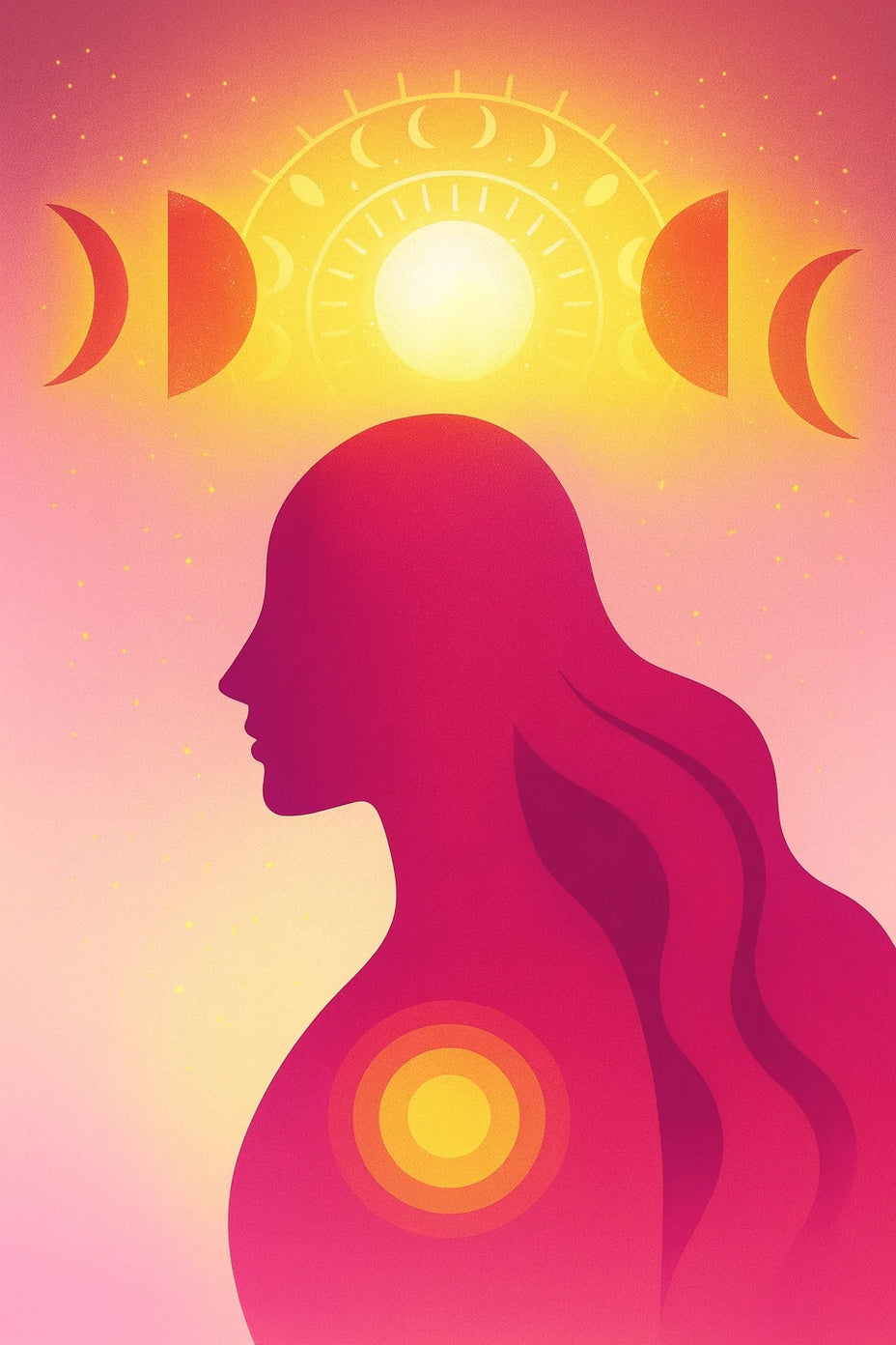 Silhouette of a woman with long hair against a colorful background with sun and moon phases. This is a representation of the meaning for Lumma brand name.