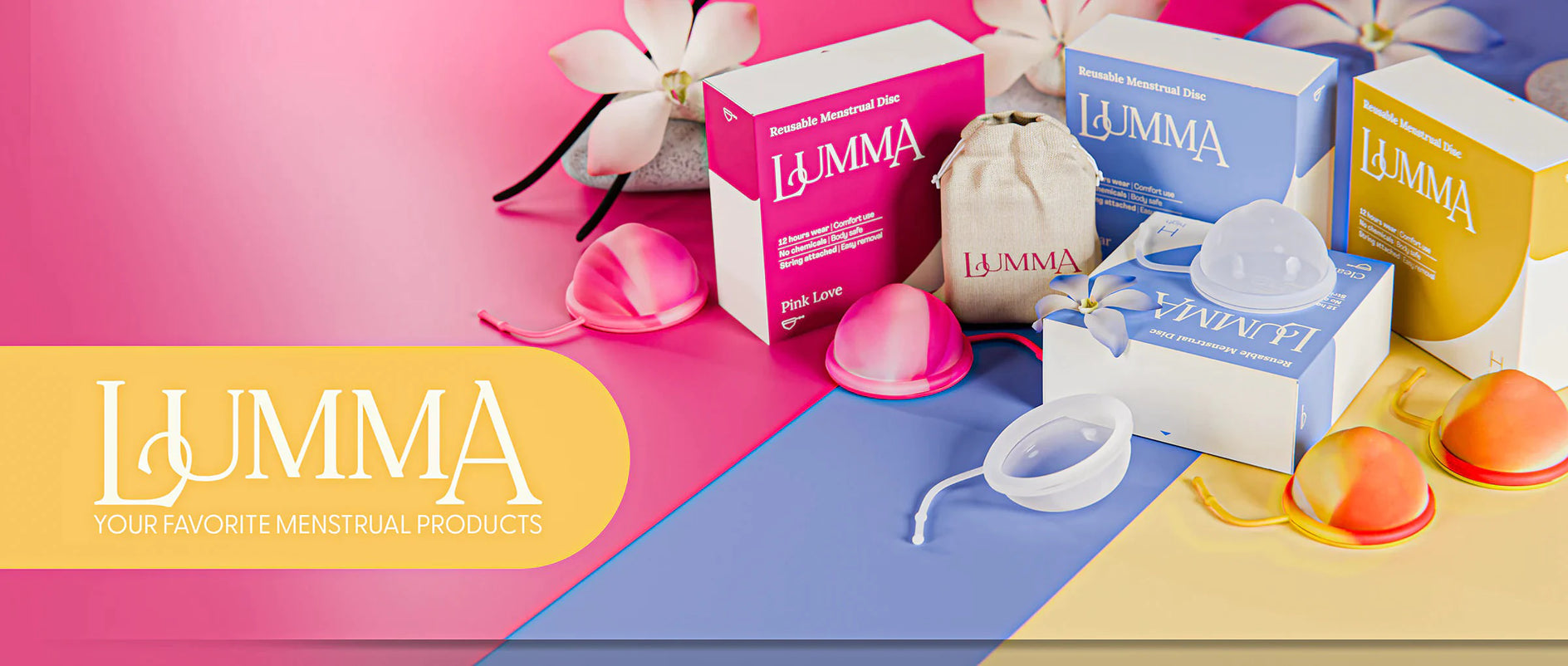 3 colors of Lumma menstrual discs with their packages on a colorful background