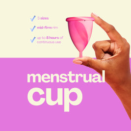 Pink menstrual cup held by a hand with product features listed on a pink and yellow background.