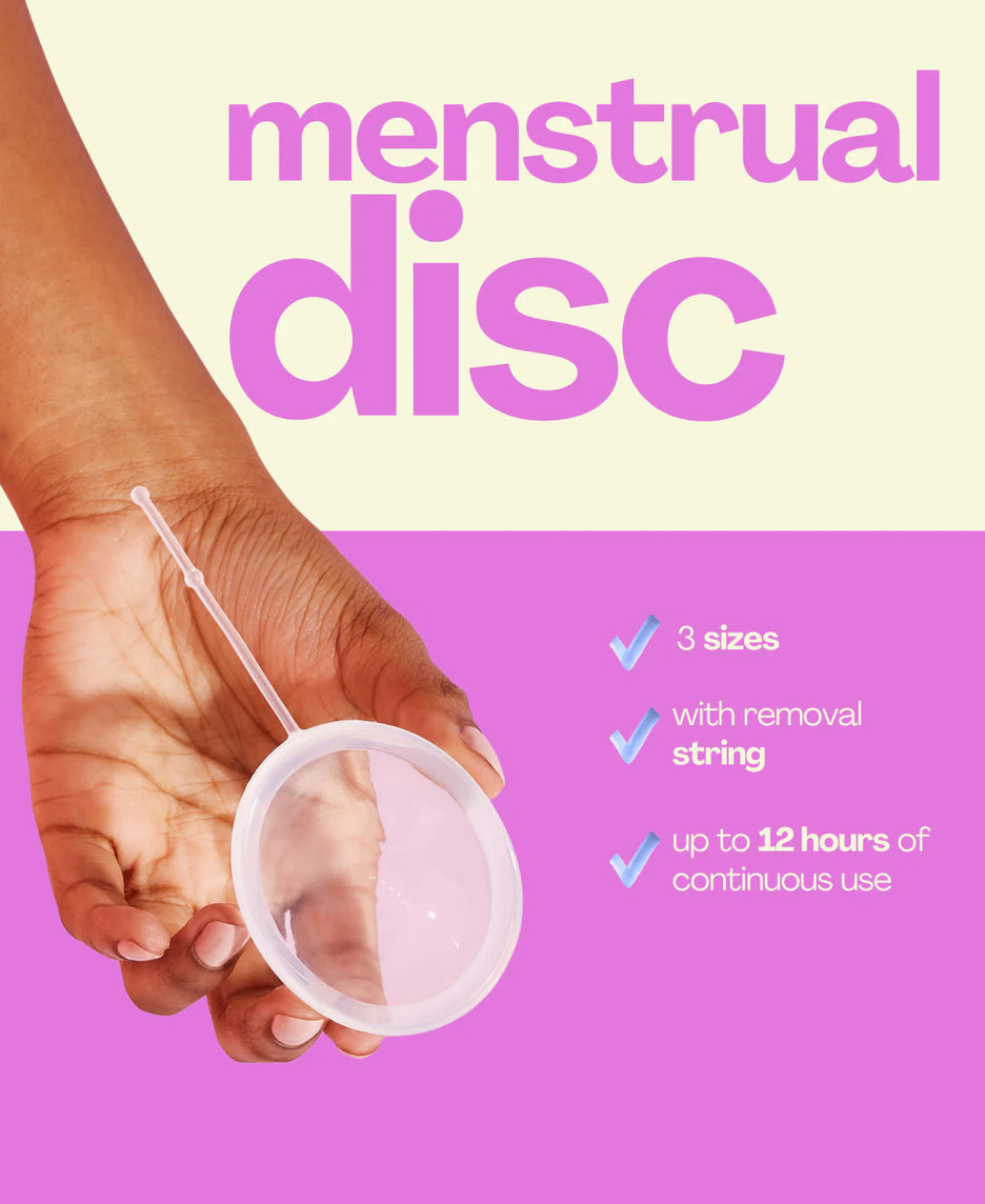 Menstrual disc with hand holding it against a pink background and text details about features