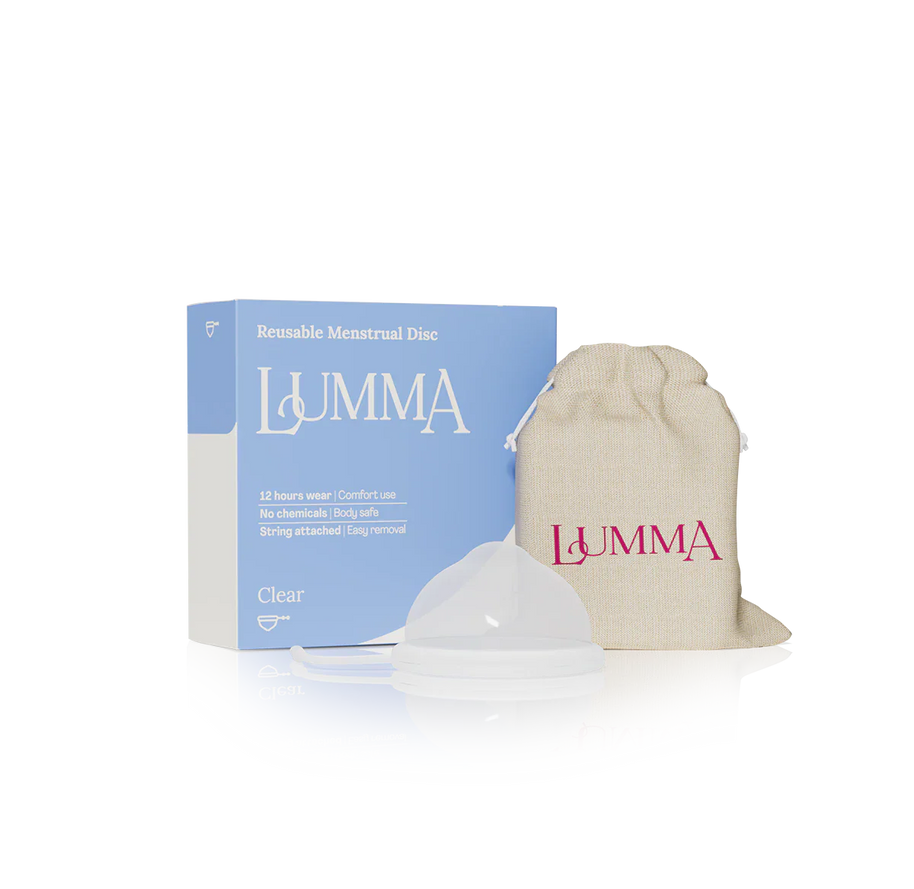 Lumma reusable menstrual disc in the clear color with packaging and pouch