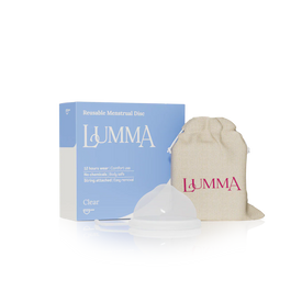 Lumma reusable menstrual disc in the clear color with packaging and pouch
