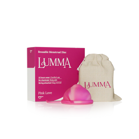 Lumma reusable menstrual disc in the pink love color with packaging and pouch