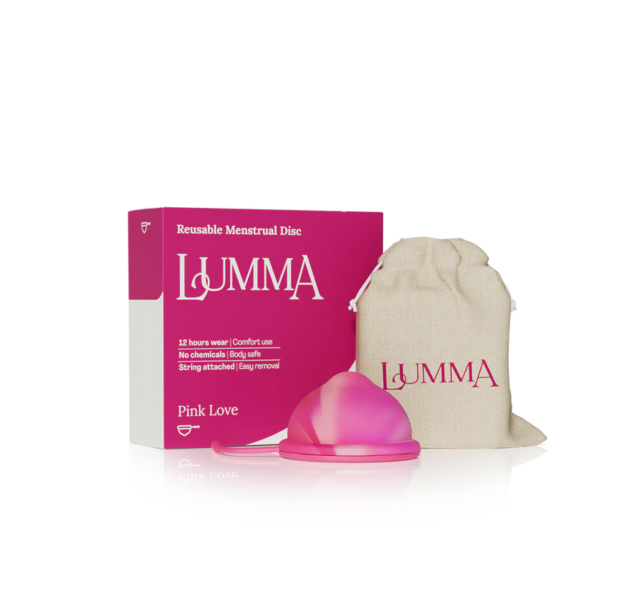 Lumma reusable menstrual disc in the pink love color with packaging and pouch