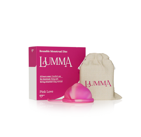 Lumma reusable menstrual disc in the pink love color with packaging and pouch