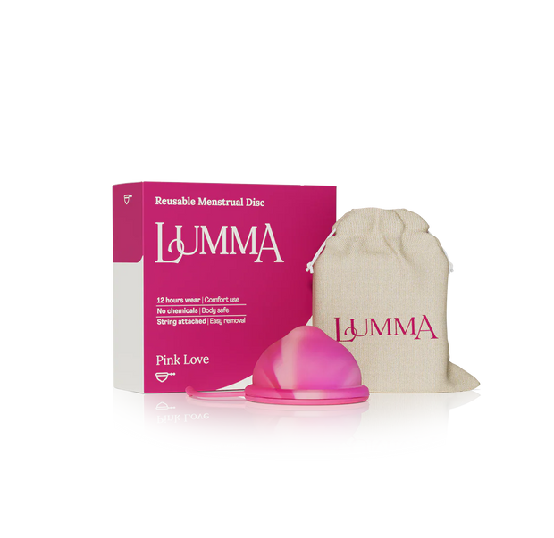 Lumma reusable menstrual disc in the pink love color with packaging and pouch