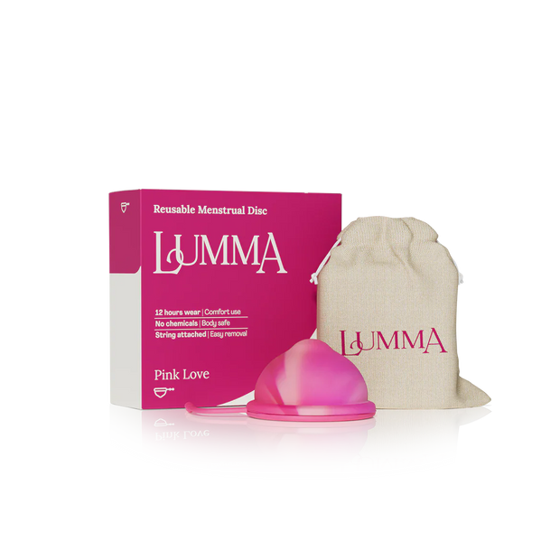 Lumma reusable menstrual disc in the pink love color with packaging and pouch