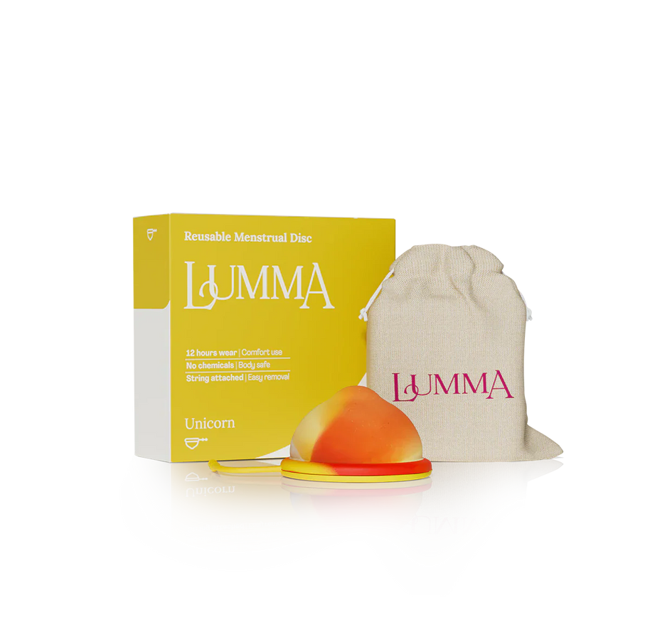 Lumma reusable menstrual disc in the unicorn color with packaging and pouch