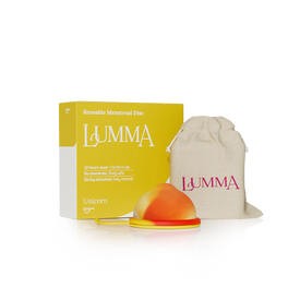 Lumma reusable menstrual disc in the unicorn color with packaging and pouch